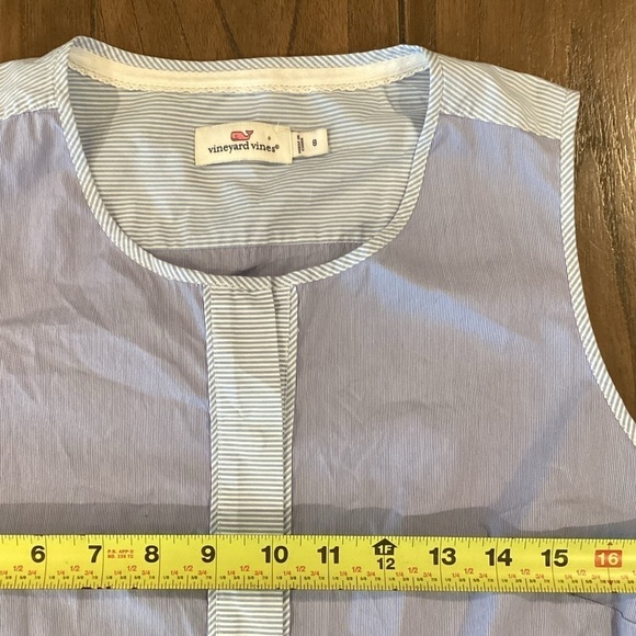 Vineyard Vines Blue pin Stripe Shirt shift tier ruffle hem knee length dress 8 - Picture 8 of 10